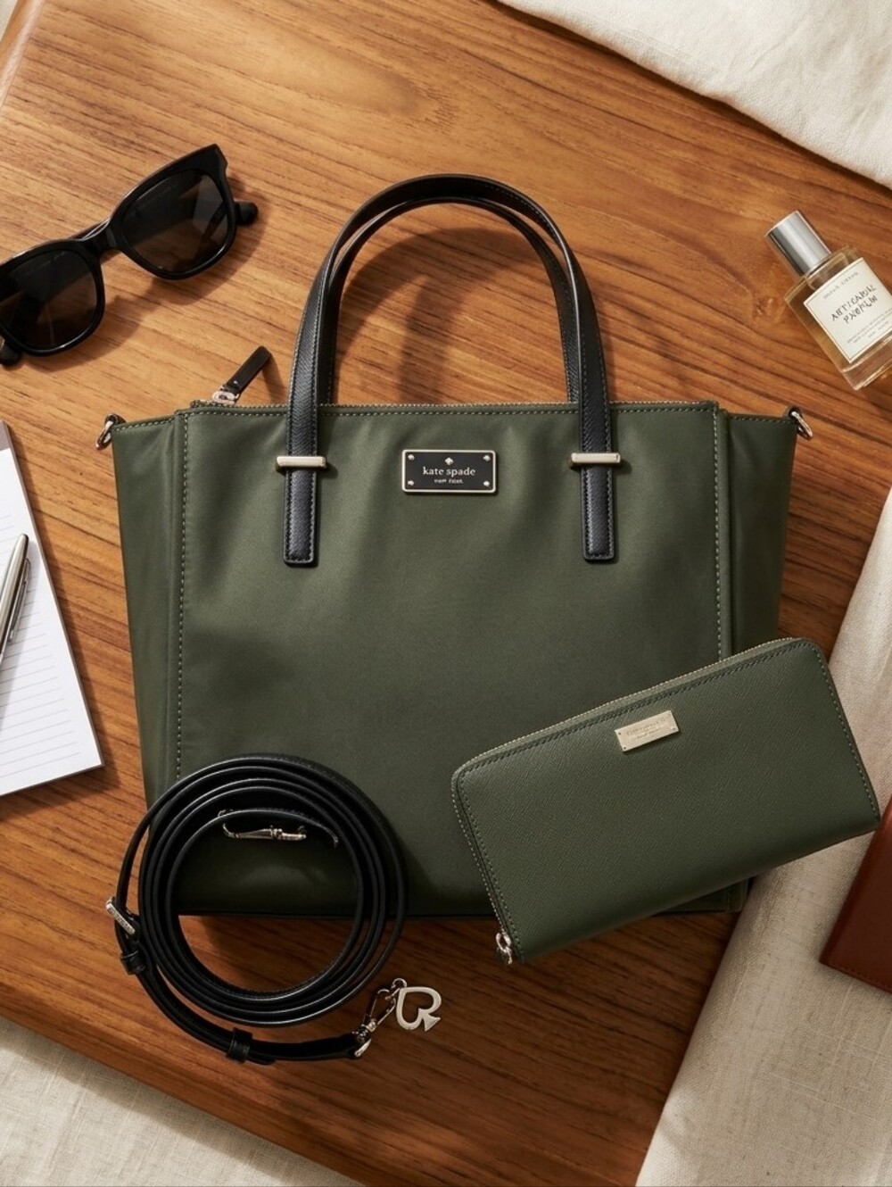 kate spade Olive Green Nylon Tote with Black Trim - Picture 1 of 16